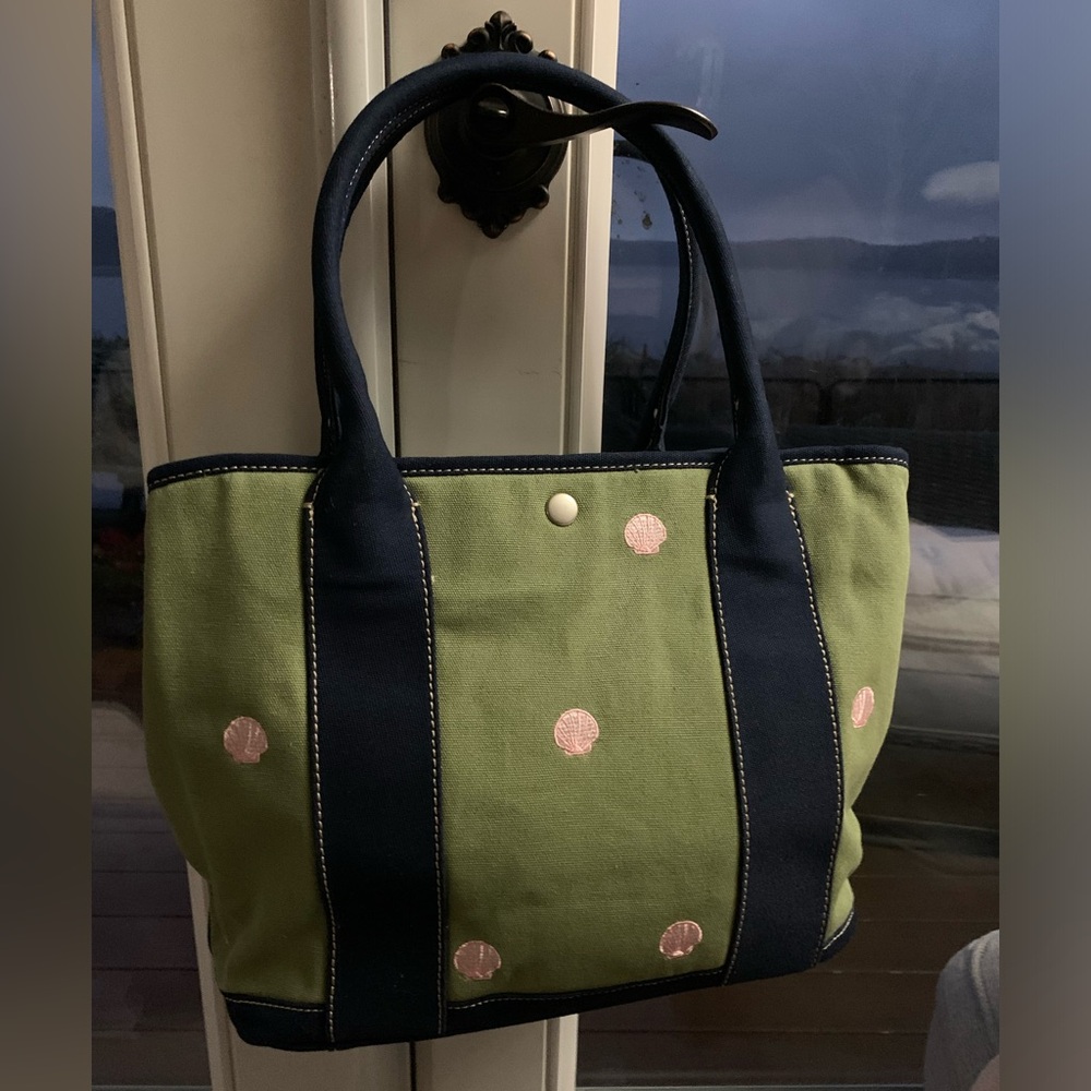 J Crew Montauk Tote Small Green Navy Blue Pink Sea Shells NWT Cotton Canvas bag